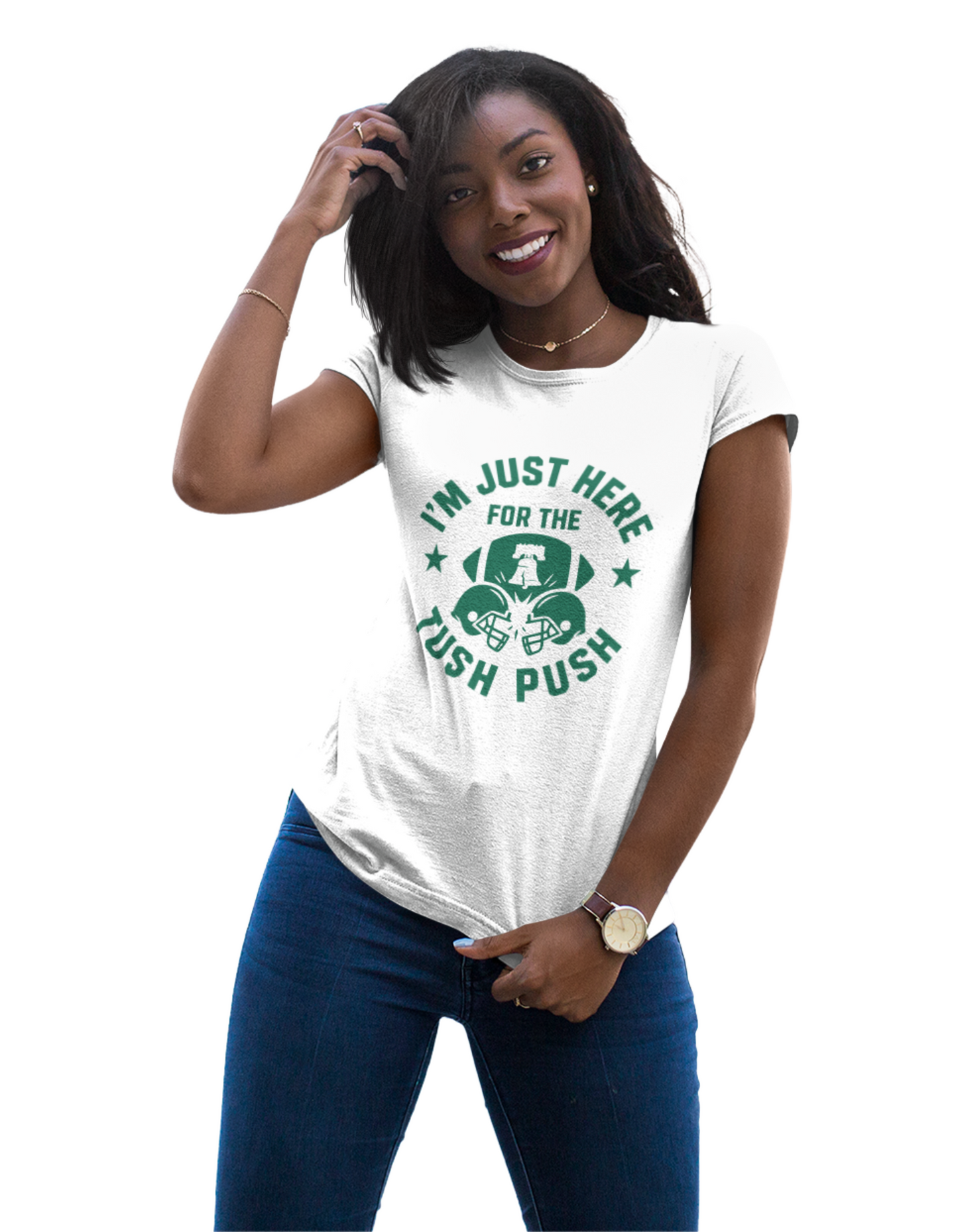 Woman wearing a white tush push t-shirt with green text and graphics on a white background