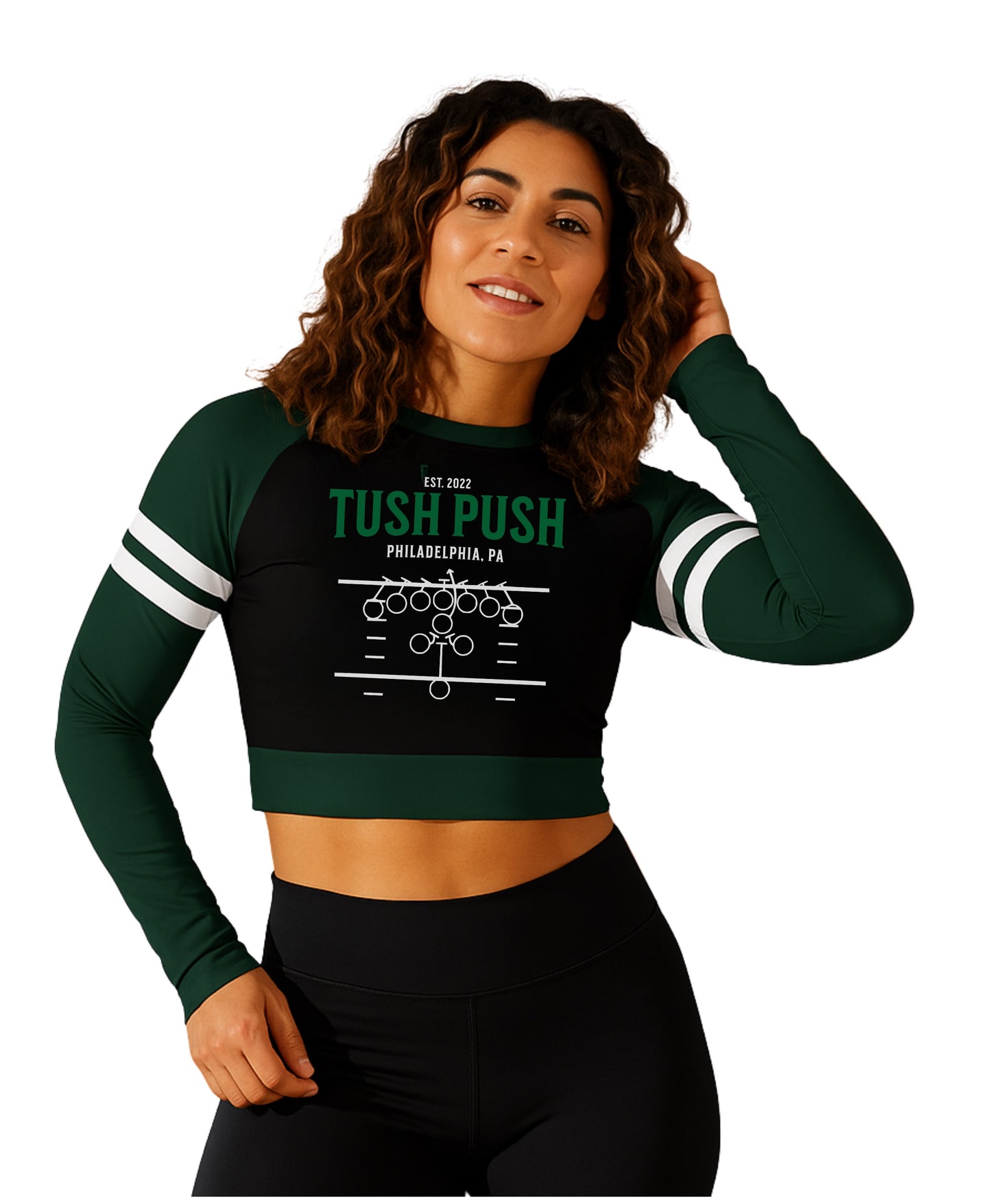 Tush Push™ Raglan Sports Crop Top, Women's Game Day Fashion Shirt, Sports Strip Sleeves