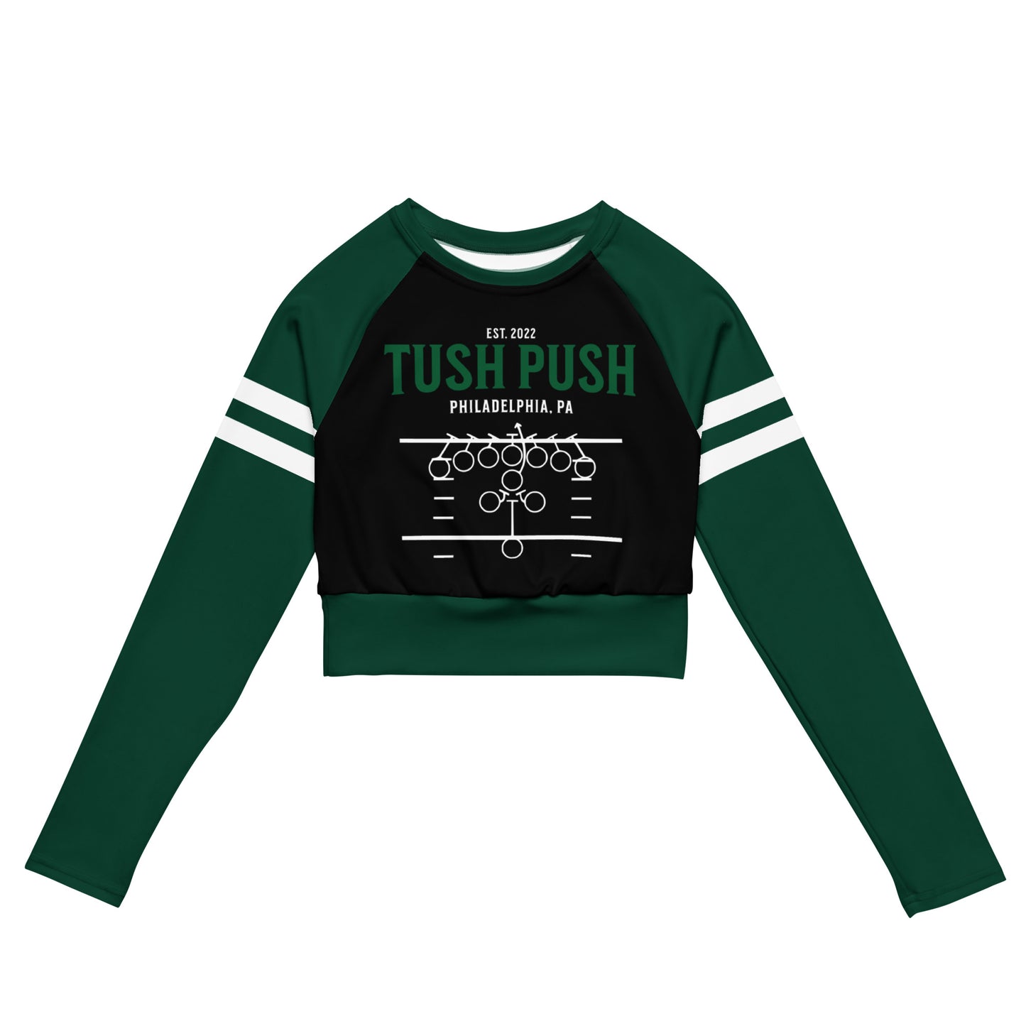 Tush Push™ Raglan Sports Crop Top, Women's Game Day Fashion Shirt, Sports Strip Sleeves