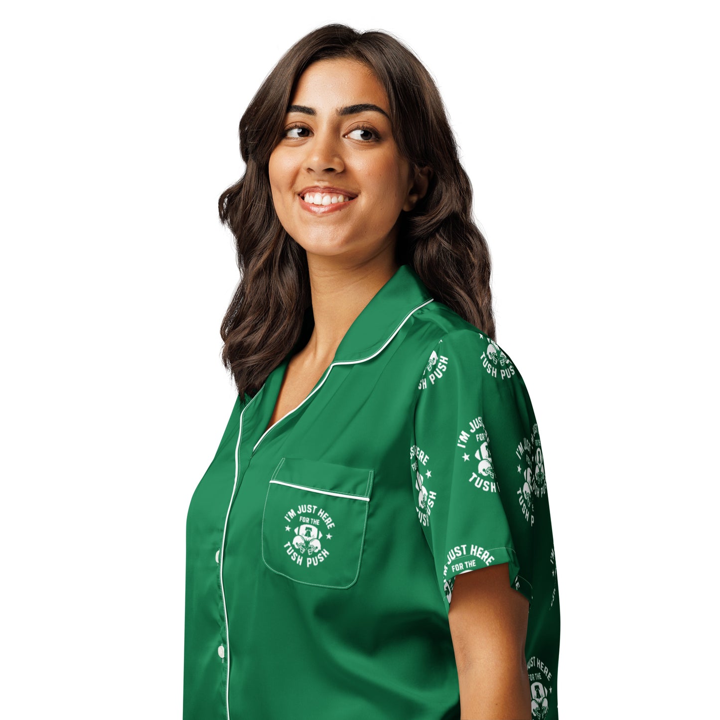 Tush Push™ Women’s Pajama Set – Philly Football Game Day Sleepwear in Kelly Green, Silky Pants, Shorts and Tops, Mix and Match