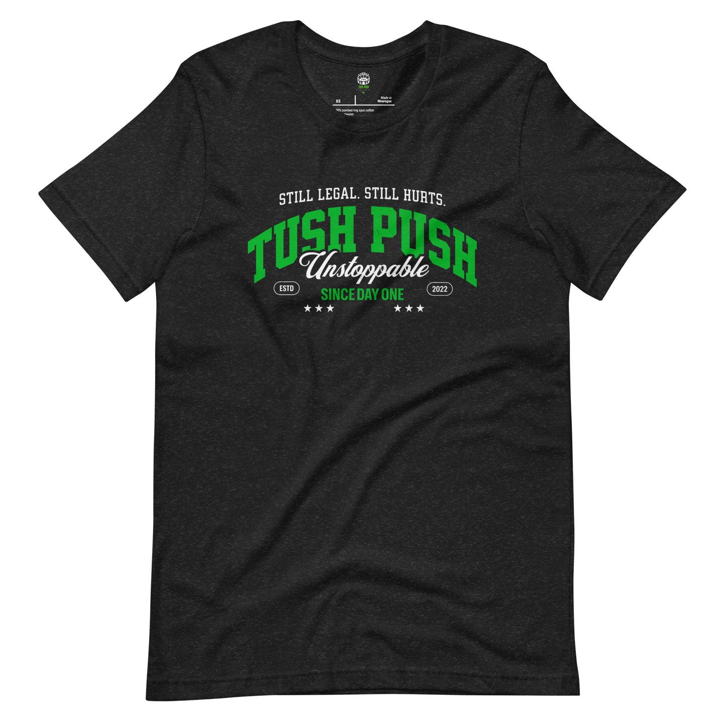 Heather black TUSH PUSH Still Legal Still Hurts t-shirt, flat lay view, Philadelphia football fan apparel