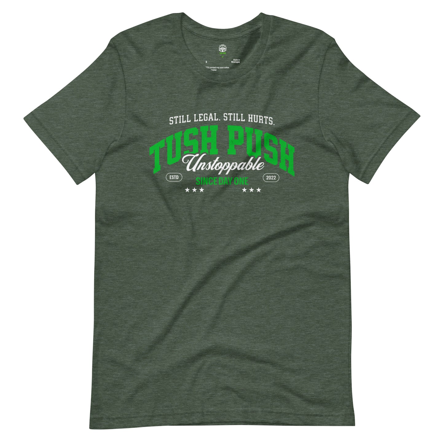 Heather Forest TUSH PUSH Still Legal Still Hurts flat lay t-shirt, Philadelphia football fan apparel