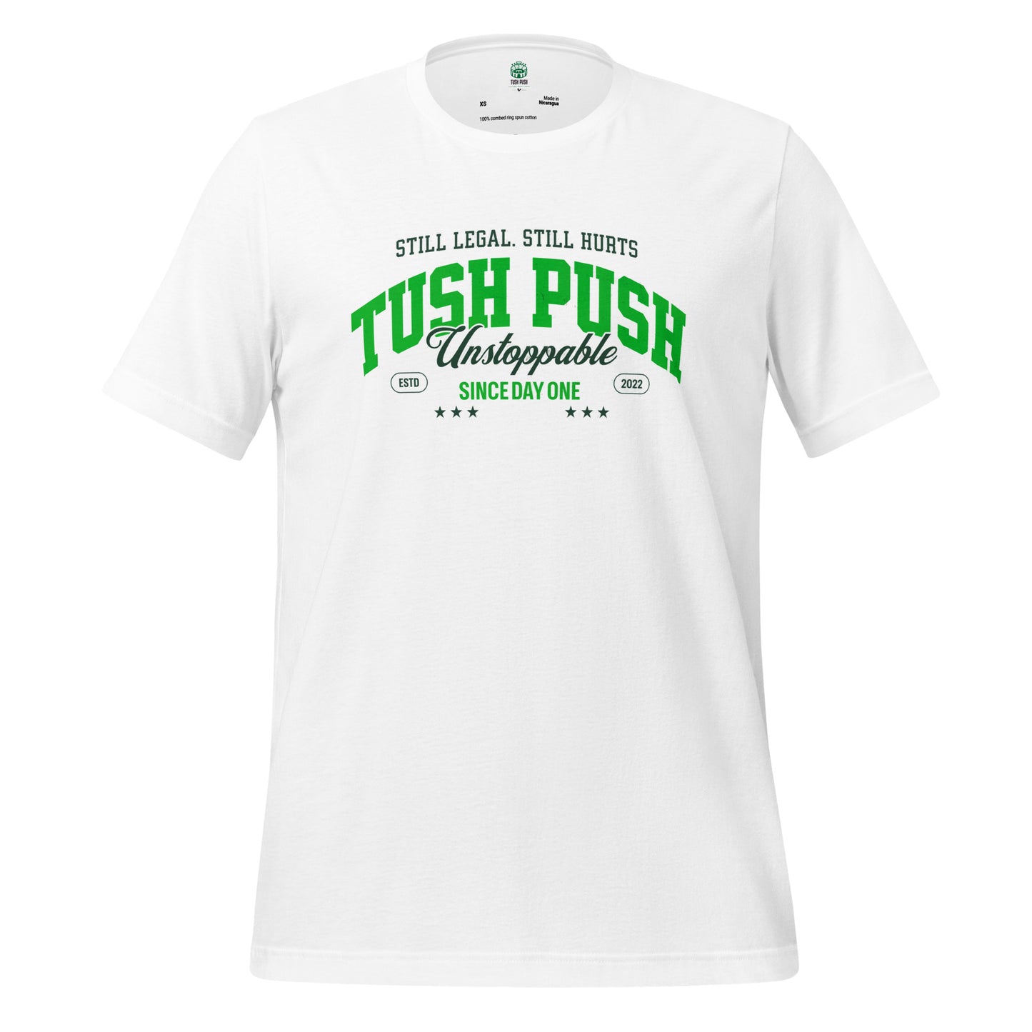 White TUSH PUSH Still Legal Still Hurts t-shirt, Philadelphia football fan apparel ghost mockup
