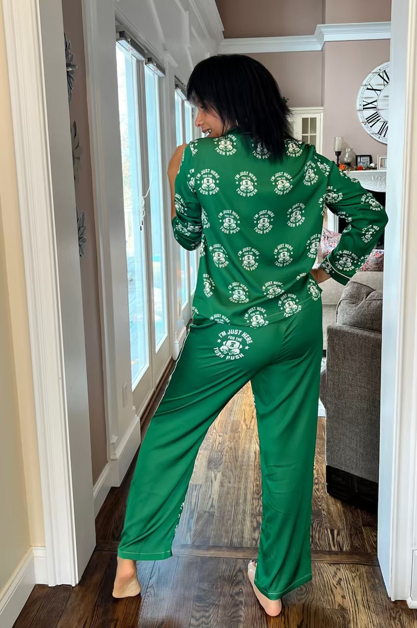I’m Just Here for the Tush Push® Women’s Silky Pajama Set — Kelly Green Edition