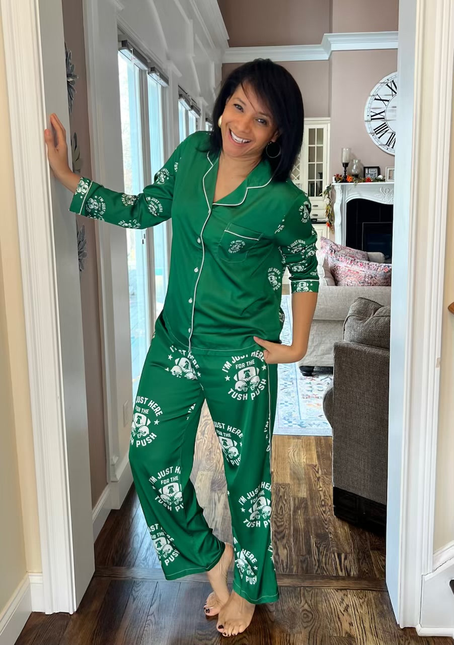 I’m Just Here for the Tush Push® Women’s Silky Pajama Set — Kelly Green Edition