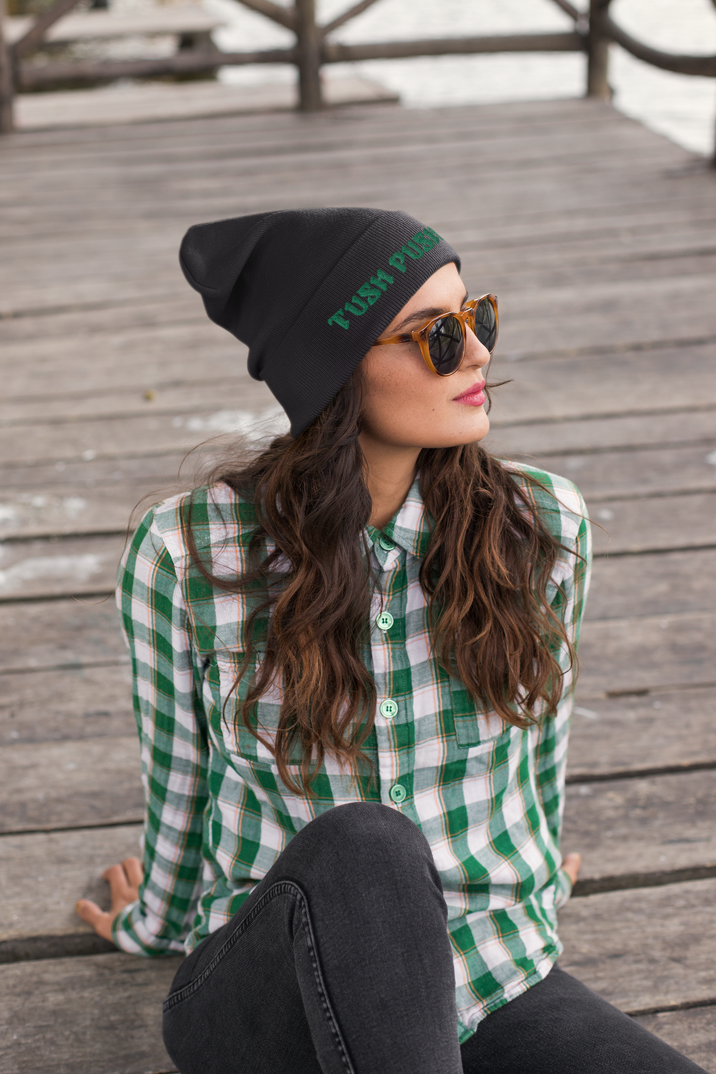 Tush Push® Cuffed Beanie – Warm Winter Knit Hat for Snow & Game Day, Knit Embroidered Hat | Green, Black, White, Gray