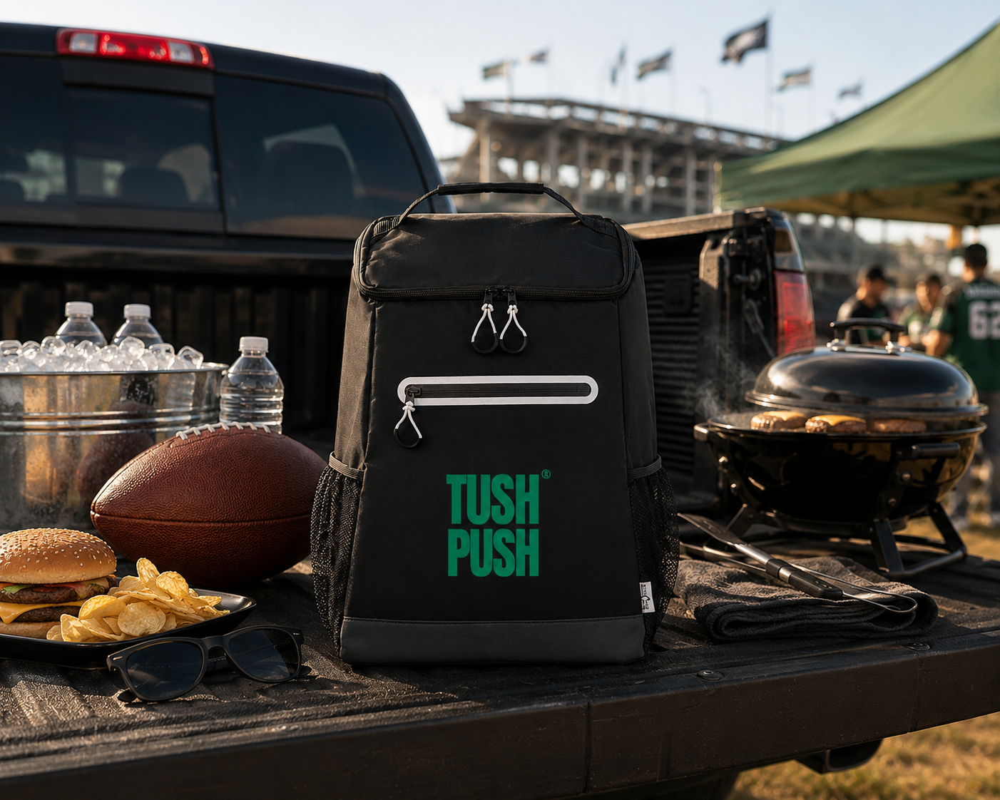 A black Tush Push backpack stands on the tailgate of a pickup truck at a outdoor tailgate party, surrounded by a football, fries, water bottles, a grill, and a burger.