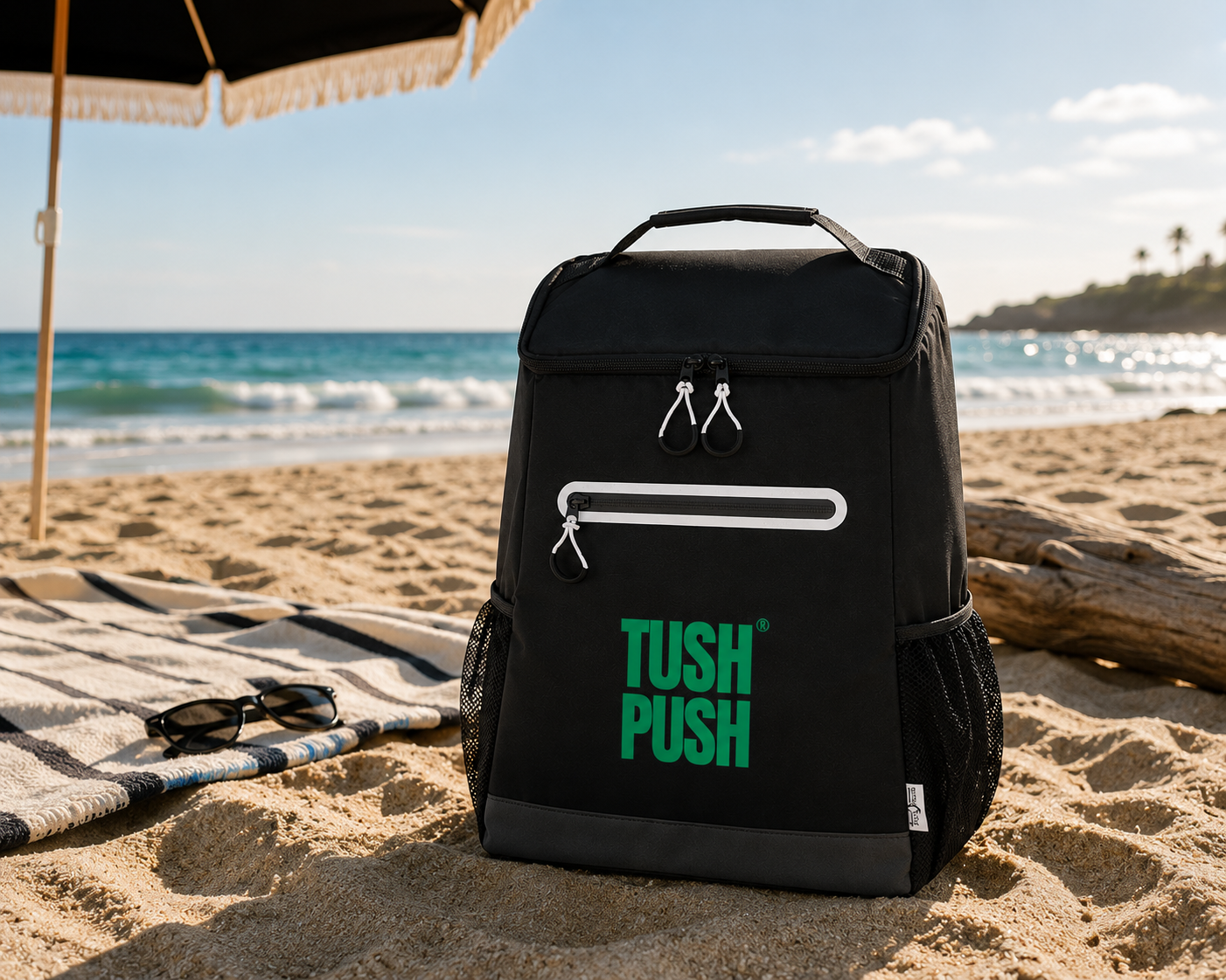 A black Tush Push backpack with a bright green logo stands on a sandy beach next to a striped towel, sunglasses, and a beach umbrella, with the ocean in the background.