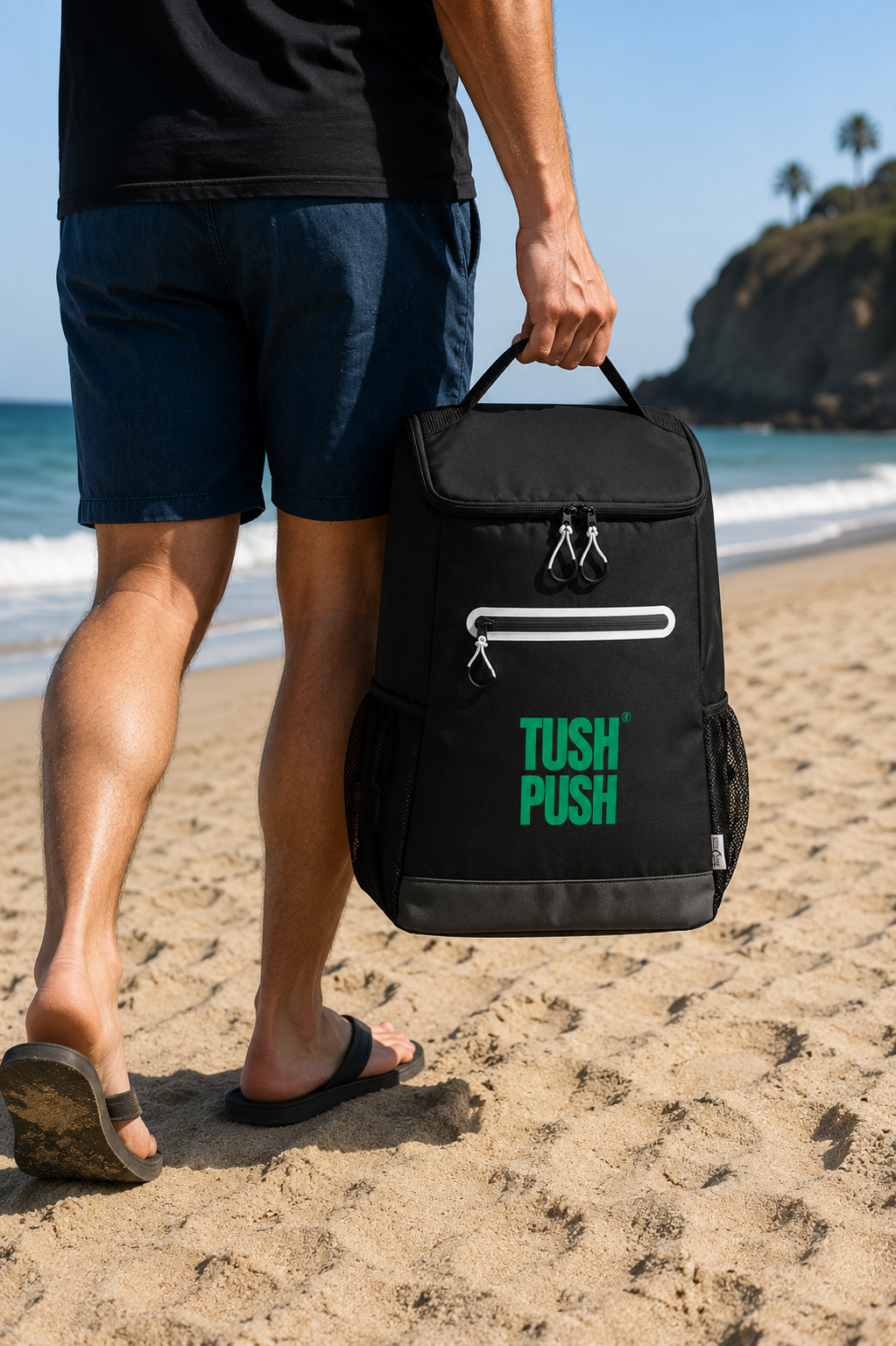 A man on a sandy beach carrying a black backpack with a green 'TUSH PUSH' logo. The beach, ocean, and cliffs are visible in the background.