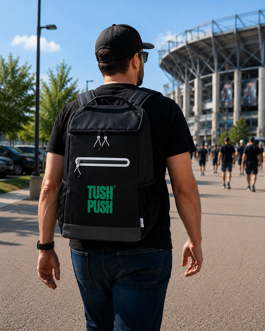 A man wearing a black t-shirt, jeans, and a black baseball cap is seen from behind, carrying a black Tush Push backpack with a green logo on the back. He is walking outdoors on a sunny day towards a stadium.