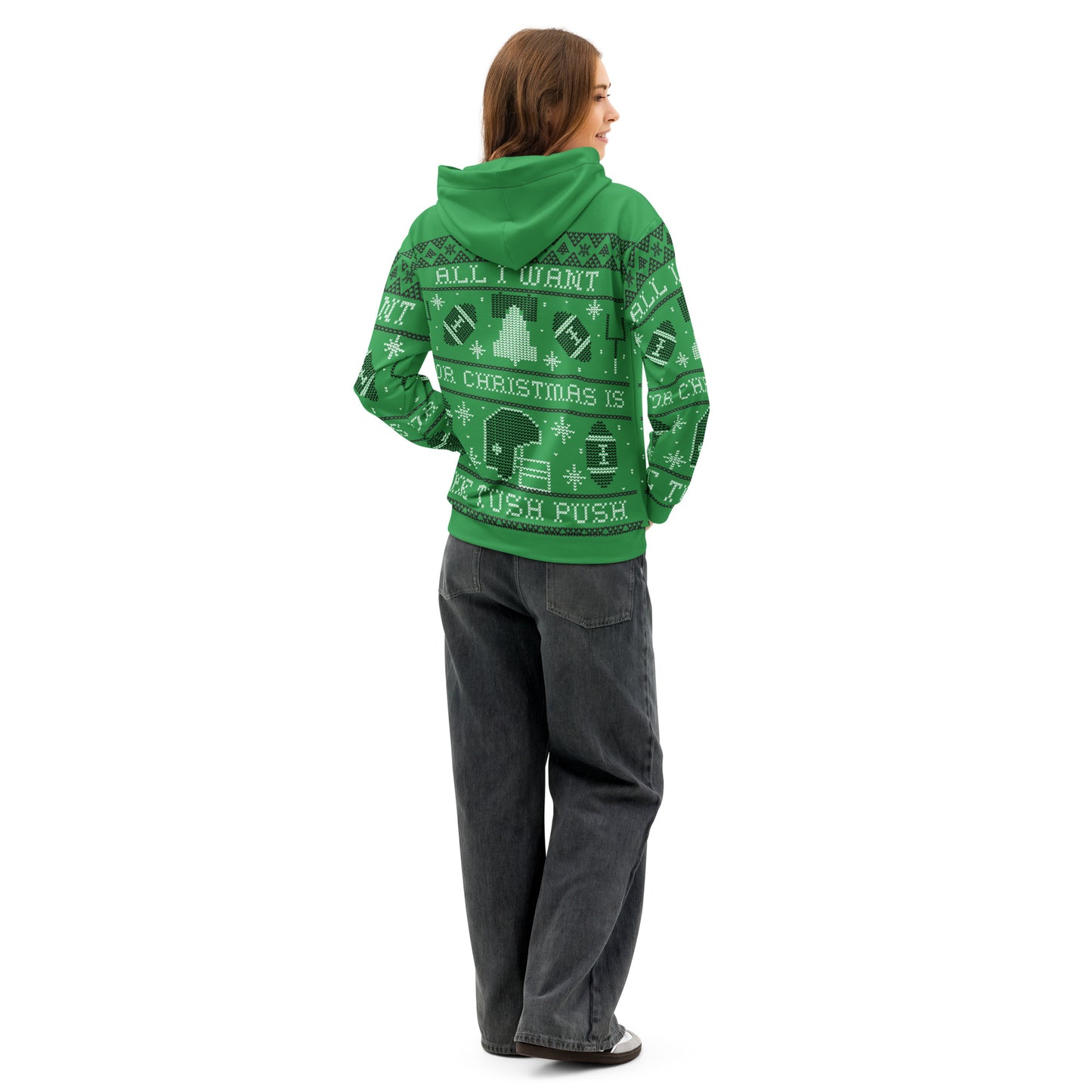 Tush Push Ugly Christmas Hoodie, All I Want for Christmas is the Tush Push, Unisex Kelly Green Cotton Hoodie