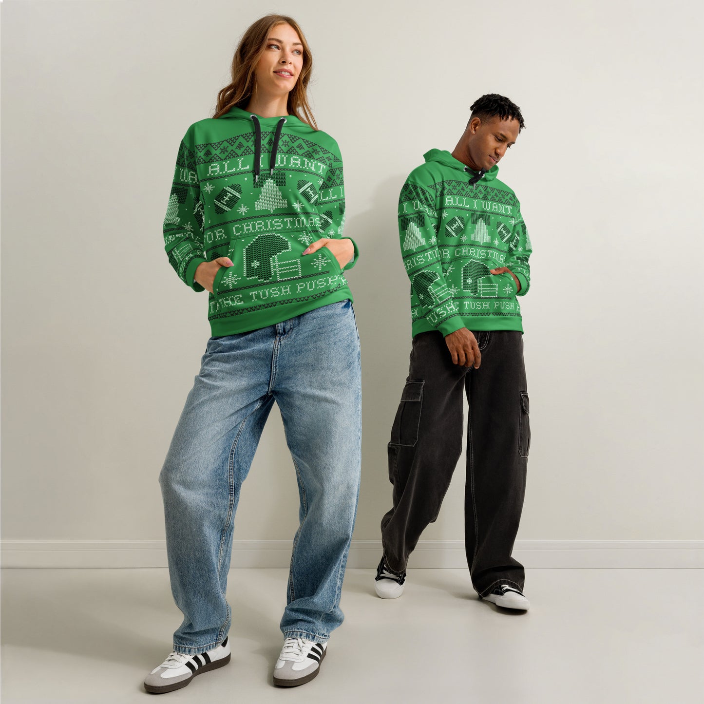 Tush Push Ugly Christmas Hoodie, All I Want for Christmas is the Tush Push, Unisex Kelly Green Cotton Hoodie