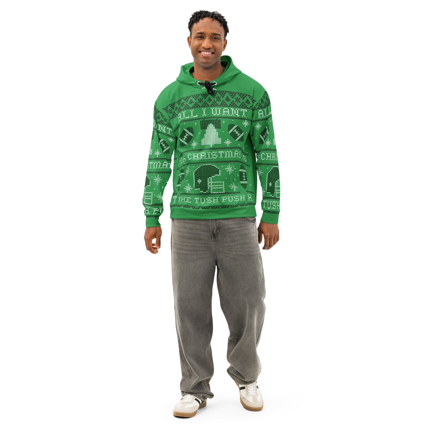 Tush Push Ugly Christmas Hoodie, All I Want for Christmas is the Tush Push, Unisex Kelly Green Cotton Hoodie