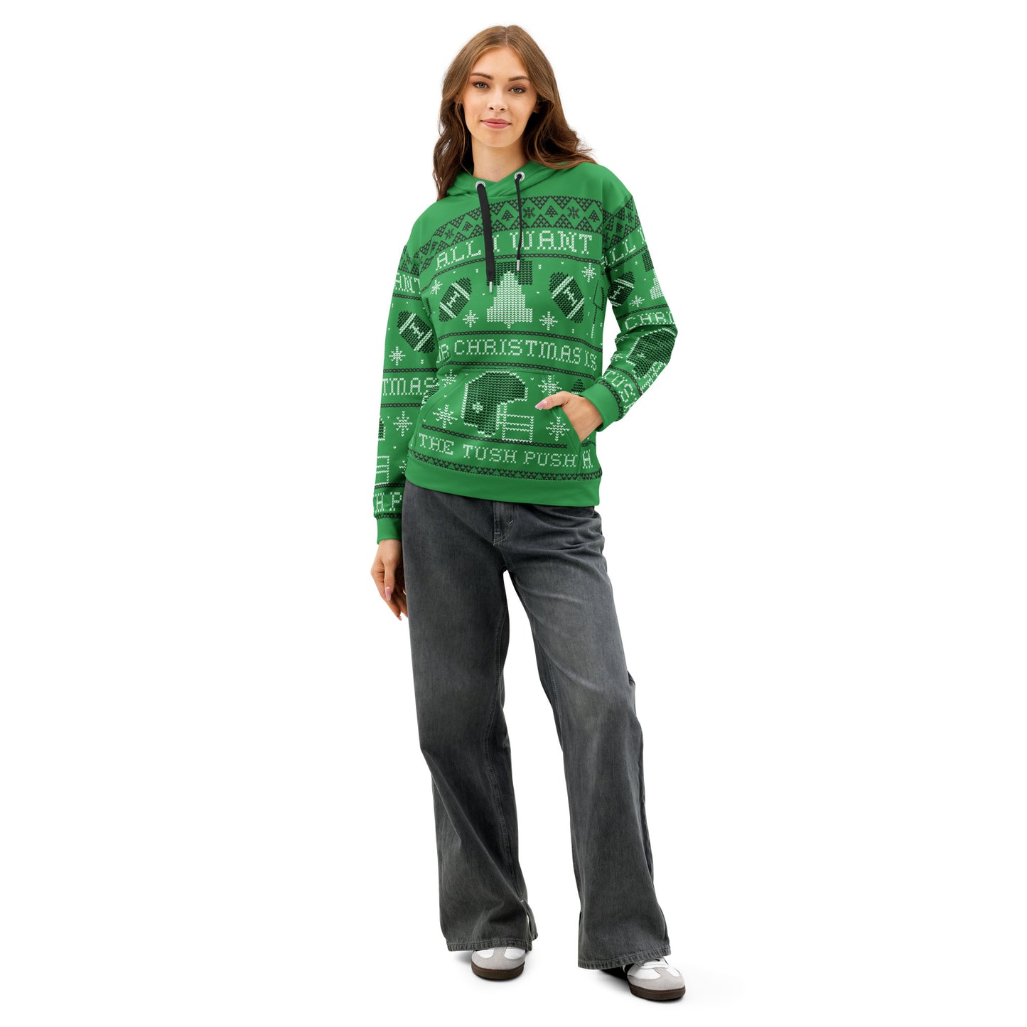 Tush Push Ugly Christmas Hoodie, All I Want for Christmas is the Tush Push, Unisex Kelly Green Cotton Hoodie