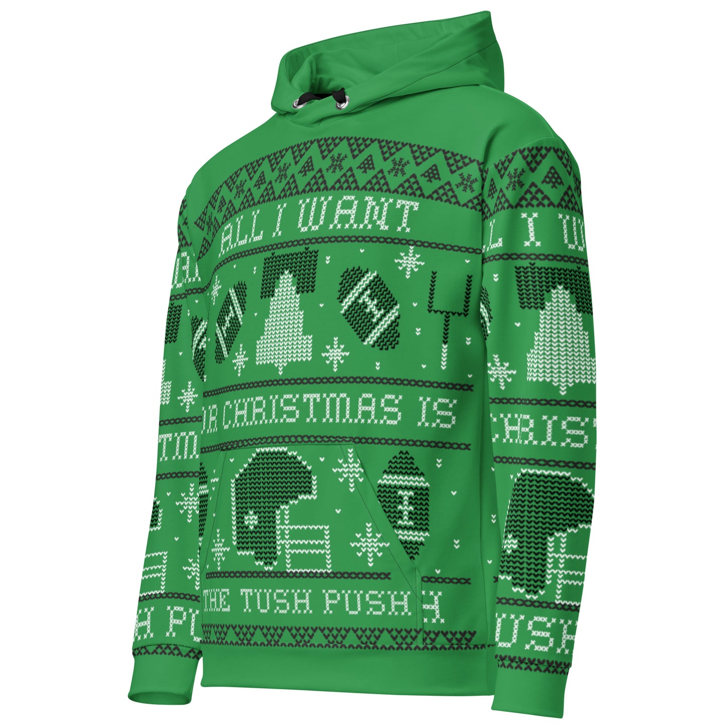 Tush Push Ugly Christmas Hoodie, All I Want for Christmas is the Tush Push, Unisex Kelly Green Cotton Hoodie