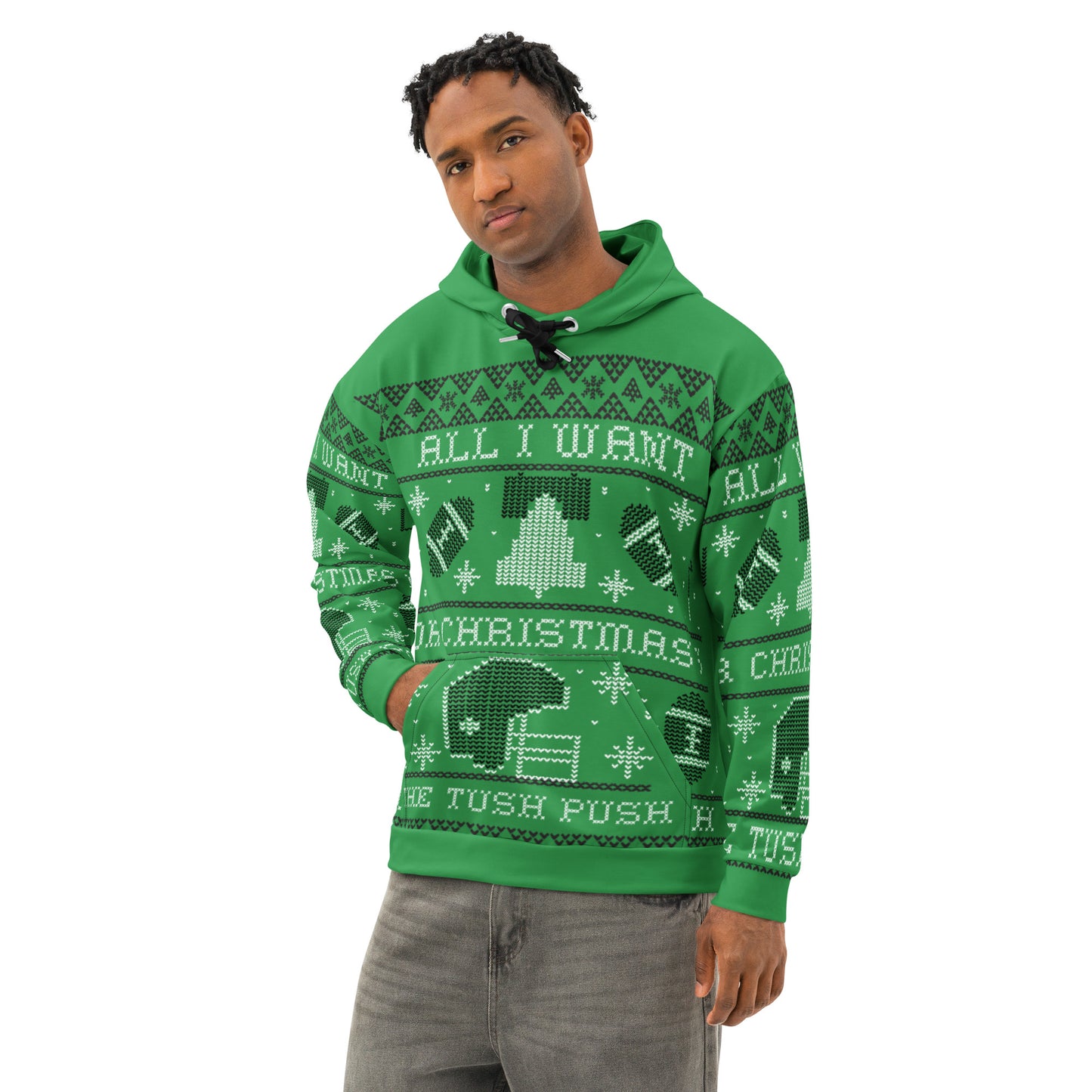 Tush Push Ugly Christmas Hoodie, All I Want for Christmas is the Tush Push, Unisex Kelly Green Cotton Hoodie