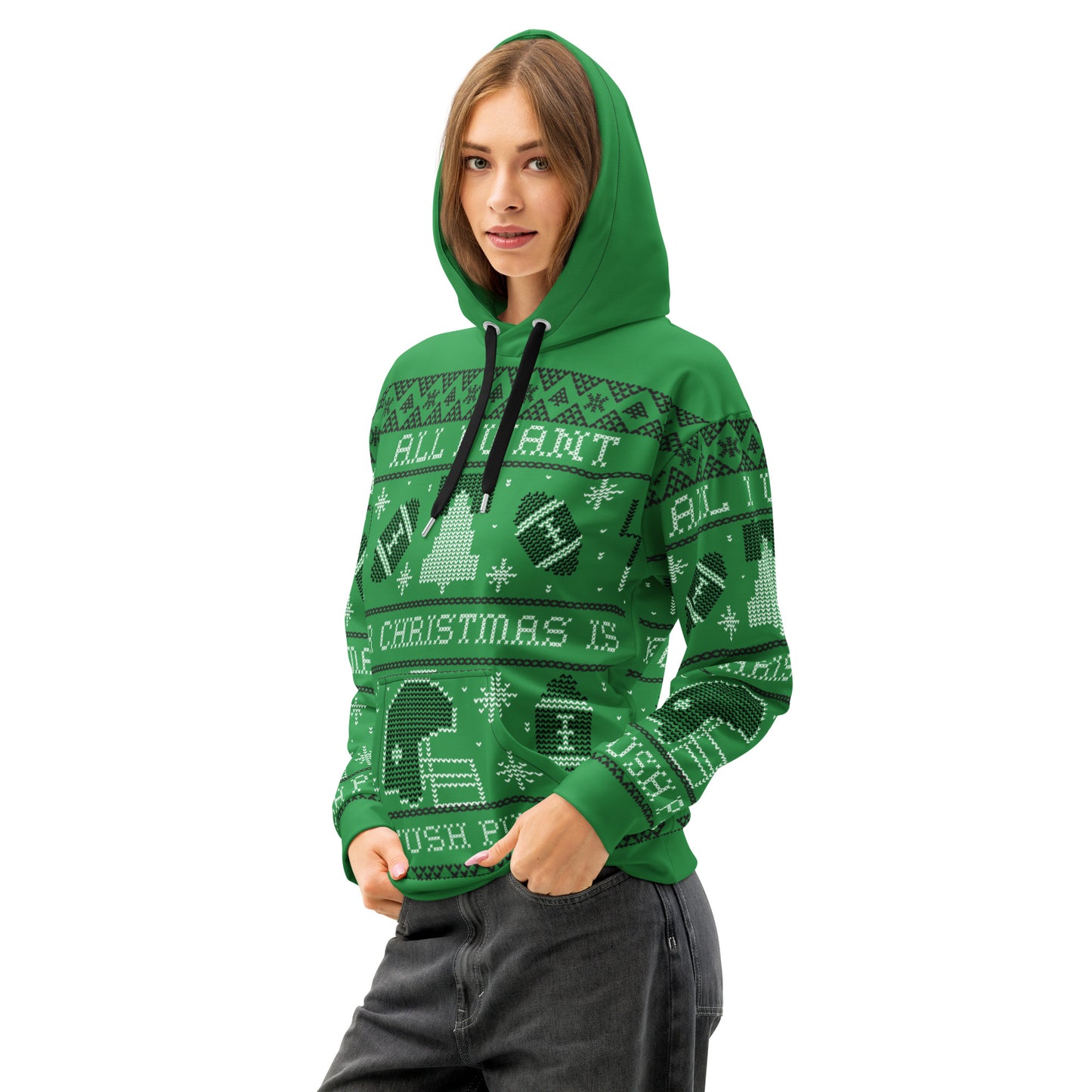 Tush Push Ugly Christmas Hoodie, All I Want for Christmas is the Tush Push, Unisex Kelly Green Cotton Hoodie