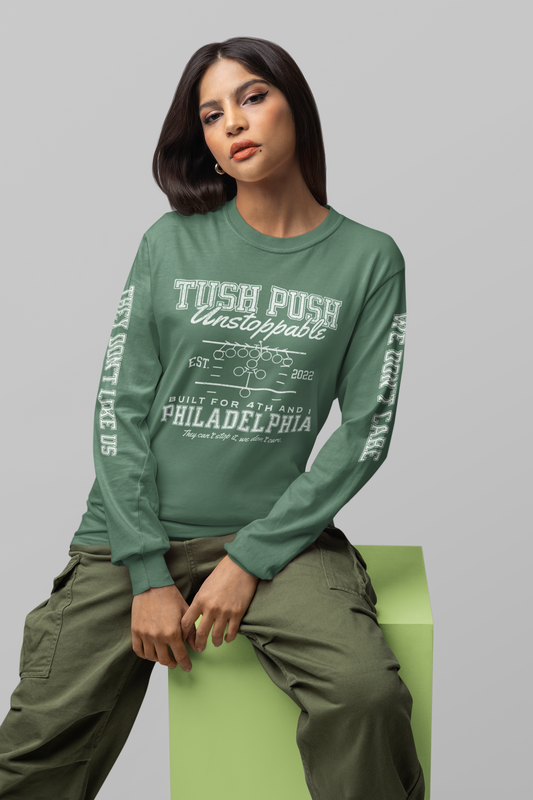 TUSH PUSH™ Long Sleeve Shirt – Philly Football Graphic Tee, Garment Dyed Crewneck, Game Day Philadelphia Shirt