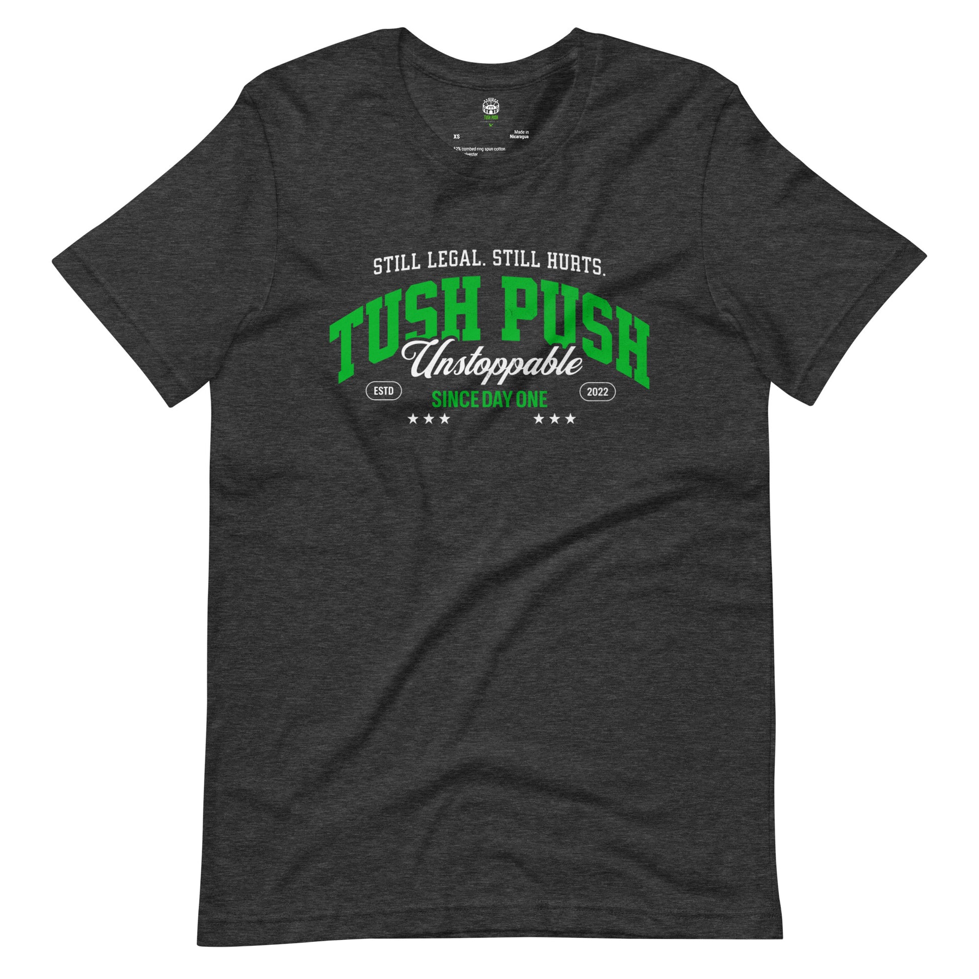 Dark Heather Gray TUSH PUSH Still Legal Still Hurts flat lay t-shirt, Philadelphia football fan apparel
