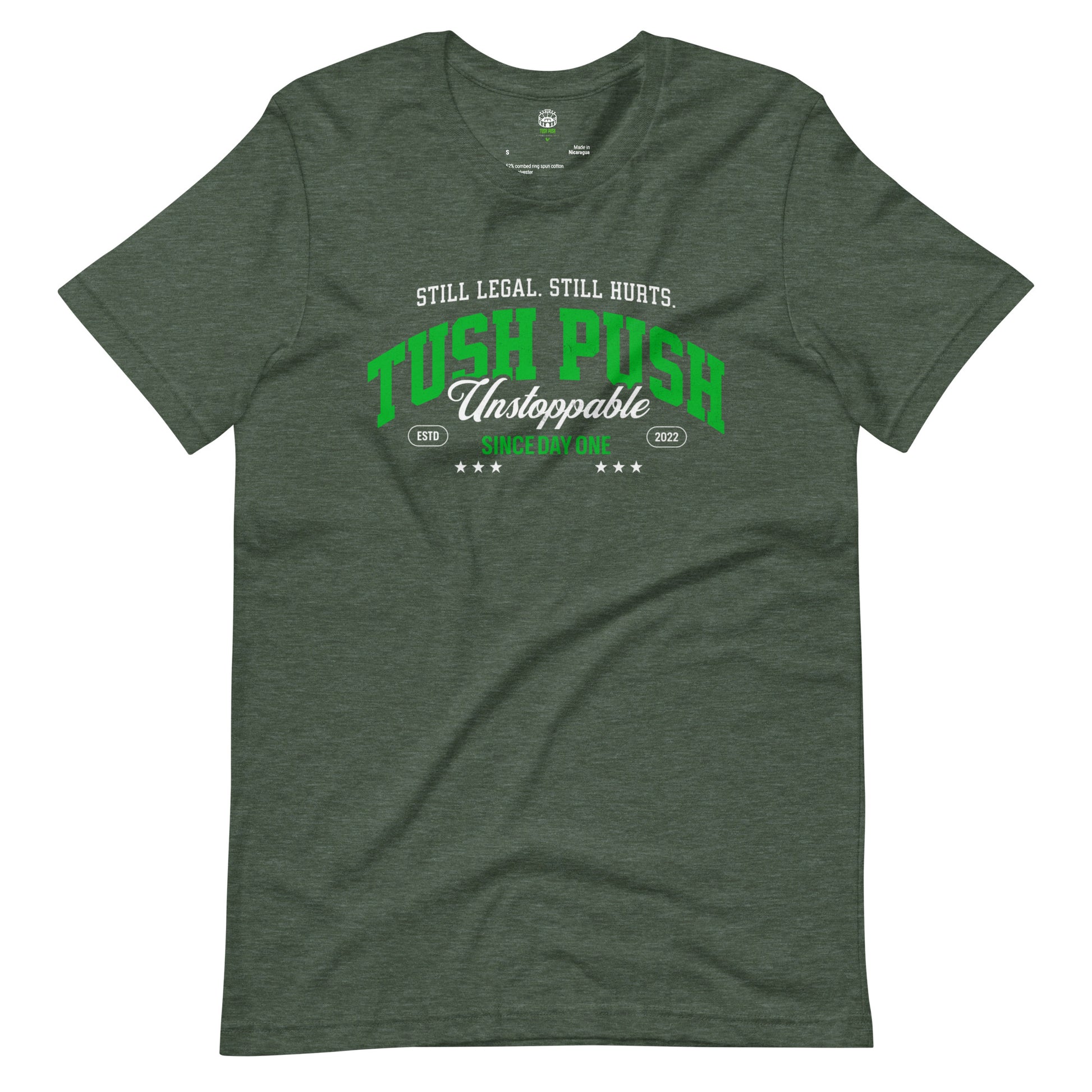 Heather Forest TUSH PUSH Still Legal Still Hurts flat lay t-shirt, Philadelphia football fan apparel