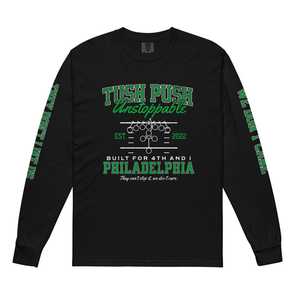 TUSH PUSH™ Long Sleeve Shirt – Philly Football Graphic Tee, Garment Dyed Crewneck, Game Day Philadelphia Shirt