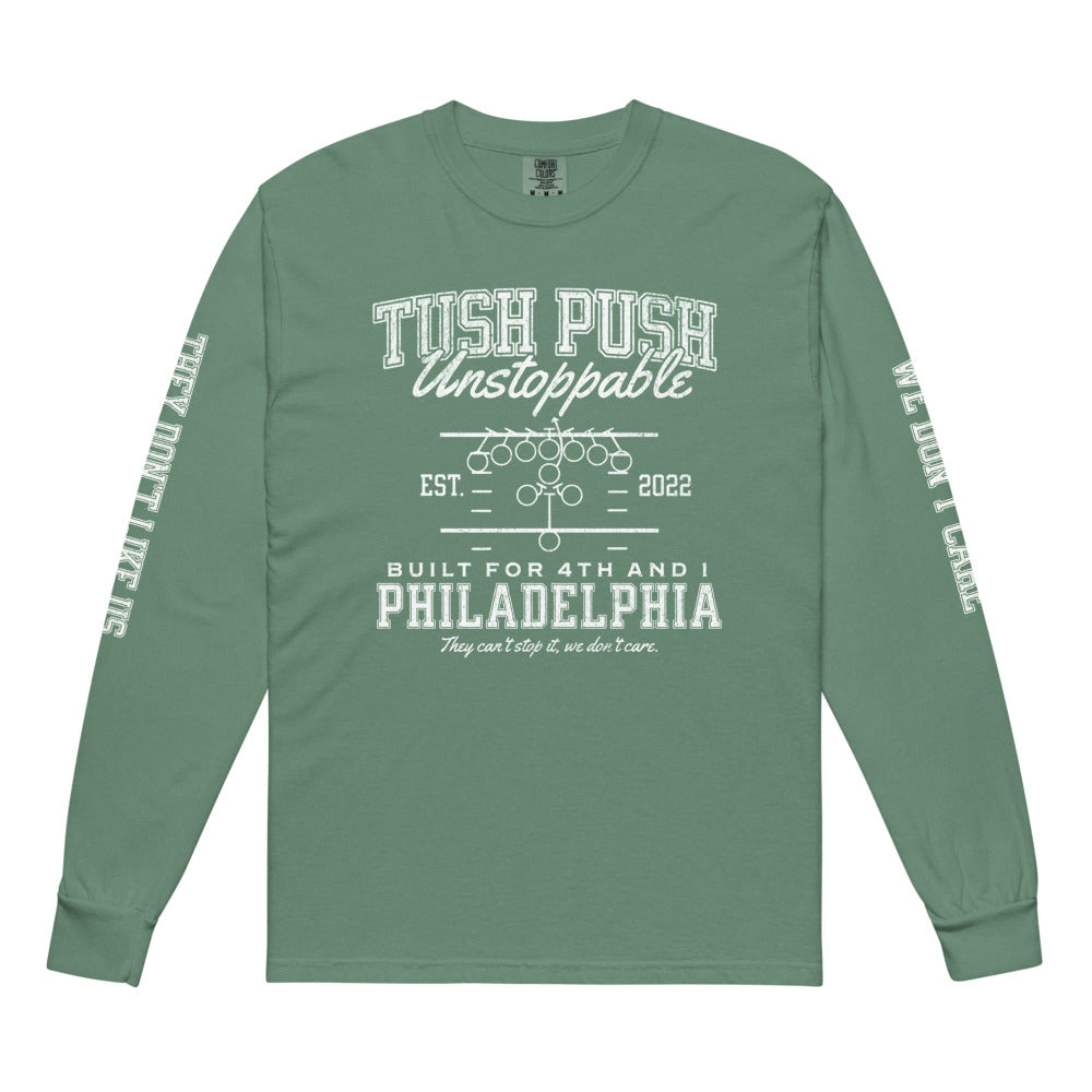 TUSH PUSH™ Long Sleeve Shirt – Philly Football Graphic Tee, Garment Dyed Crewneck, Game Day Philadelphia Shirt
