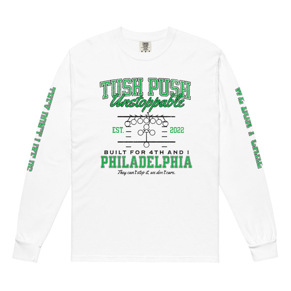 TUSH PUSH™ Long Sleeve Shirt – Philly Football Graphic Tee, Garment Dyed Crewneck, Game Day Philadelphia Shirt